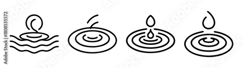 Line art icons showing water motion: steam, ripples, and a drop