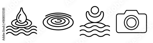 Minimalist line art icons: water drop, ripples, swimmer, camera