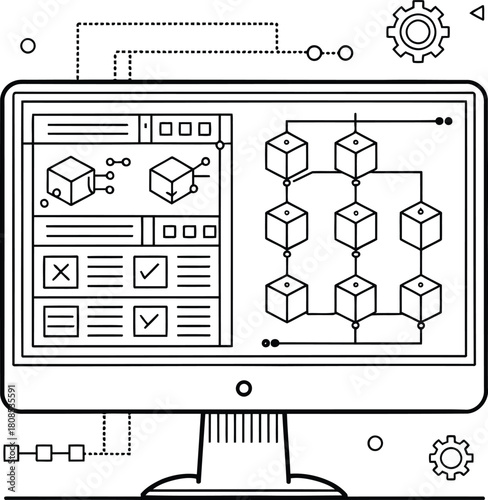 Outline illustration of a computer screen displaying diagrams and a network of connected cubes