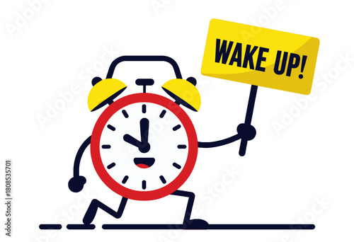 Anthropomorphic Alarm Clock Holding Yellow Wake Up Sign
