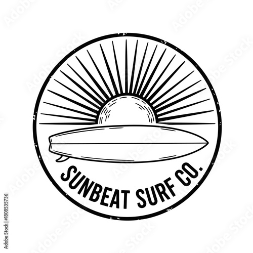 Sunbeat Surf Co logo design with surfboard and sunburst elements.