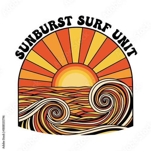 Sunburst Surf Unit Logo with Waves and Sun.