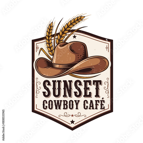Sunset Cowboy Cafe Logo with Hat and Wheat.