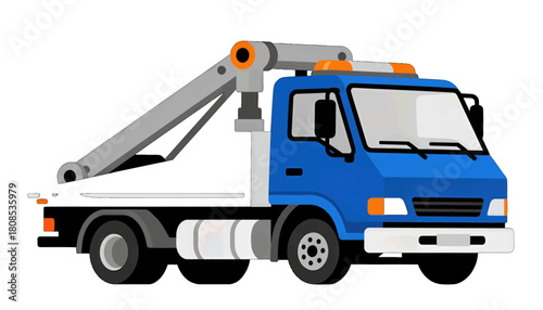 Blue tow truck with crane mechanism