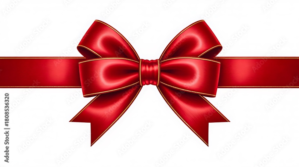 Fototapeta premium red satin ribbon bow with golden edges on white background decorative gift wrap design