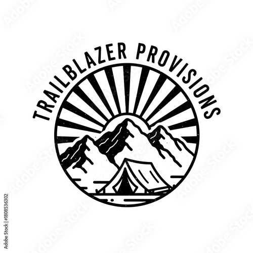Trailblazer Provisions Logo Featuring Mountains, Tent, and Sunrise.