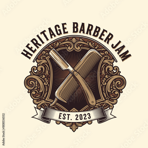 Vintage Barber Shop Emblem with Straight Razor and Comb.
