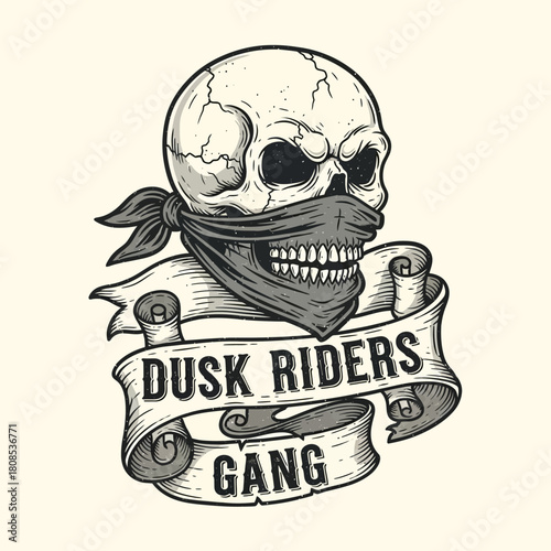 Vintage biker gang emblem with a cracked skull wearing a bandana.