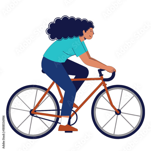 Curly-haired person riding a bicycle illustration