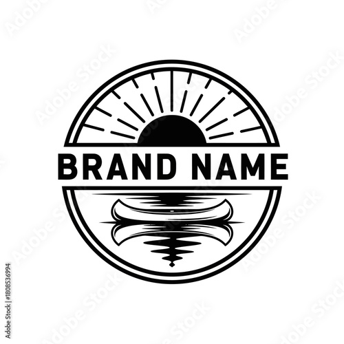 Vintage canoe on lake with sunrise emblem logo design.