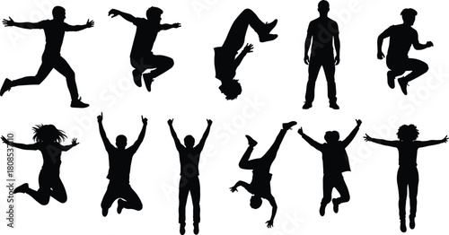 Set of black silhouettes of people jumping, dancing, doing parkour backflips, and celebrating success, isolated on white background, vector illustration.