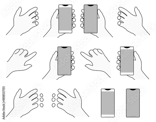 スマートフォンを持つ手とタップする手のセット　右手と左手　2パターンのスマホ　単体　灰色／グレー　ベクター／透過PNG／JPEG白背景