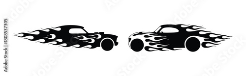 Two classic cars engulfed in flames, perfect for adding a vintage and fiery touch to your designs isolated on