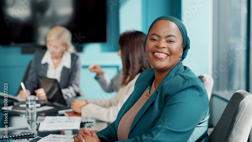 Tableau sur toile Portrait, woman and lawyer in boardroom with smile for legal aid, labor law and legislation advice