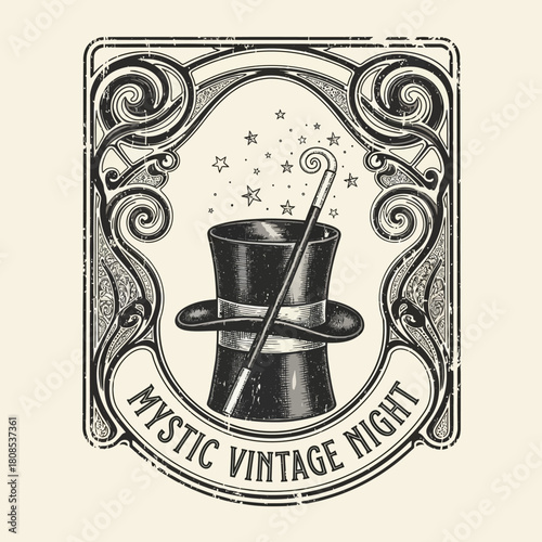 Vintage engraving style illustration of a magicians top hat and wand.