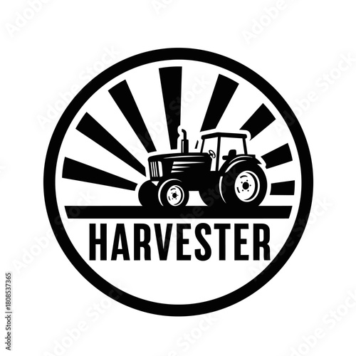Vintage farm tractor harvester logo in a circular emblem.