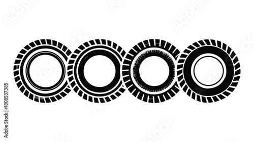 A set of four stylized tire tracks isolated on, each with a unique tread pattern, creating a dynamic and textured design element for automotive themes