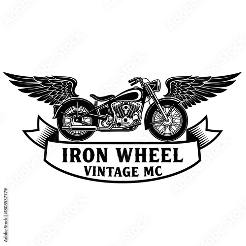 Vintage Motorcycle with Wings and Banner Iron Wheel Vintage MC Logo.