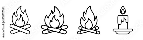 Outline icons of burning campfires and a lit candle on holder