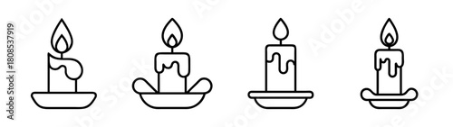 Line art candle icon set, minimalist design, burning flame and wax