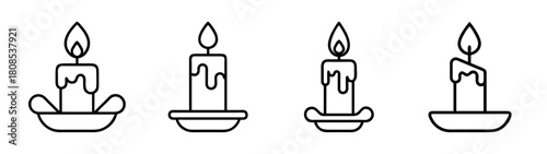 Outline candle icons set with burning flame, melting wax concept