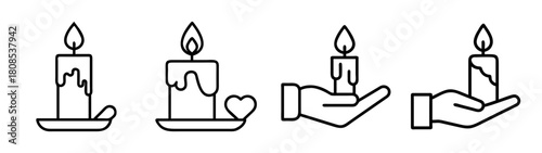 Line art candle icons set, various designs, with and without hands.