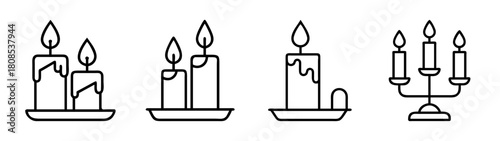 Candle icon set with candelabra, single candle, and pair of candles