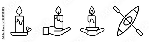 Line art icons set: candle on holder, hand holding candle, kayak