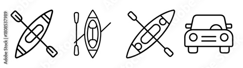 Kayaks, paddles and car line icons illustrating travel and sport