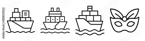 Diverse line icons set: cargo ships, ocean liners, and masquerade mask.