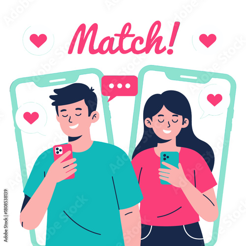 Happy Couple Matching on Dating App Illustration