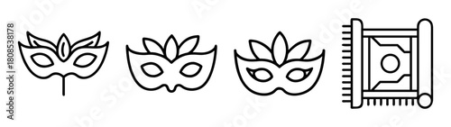 Masquerade carnival masks and ancient sacred scroll line icons