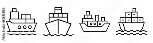 Four line art icons of cargo ships for global logistics and trade
