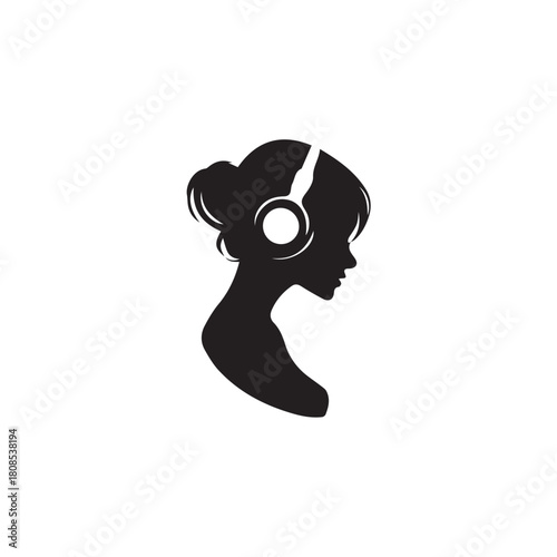 Black Vector Illustration of Woman Wearing Headphone in Clean Minimal Style on White Background