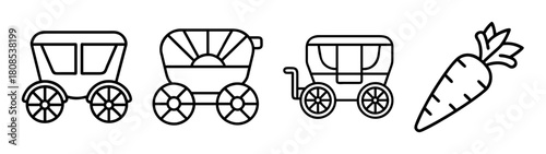 Whimsical cartoon carriage and carrot vector outline icons