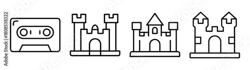 Modern outline icon set featuring audio cassette and castle designs