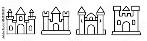 Line art castle icons set fantasy fortress royal kingdom symbols