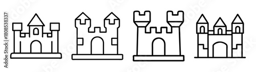 Outline castle icon set. medieval fantasy fort fortress symbols.