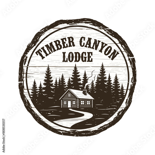 Vintage Timber Canyon Lodge logo with cabin and forest illustration.