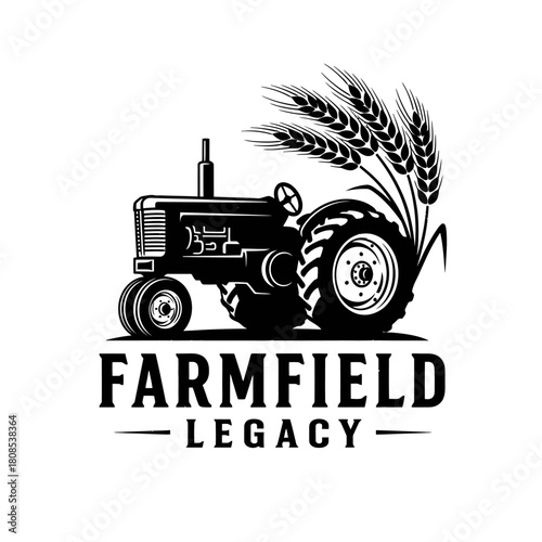 Vintage Tractor with Wheat Stalks and Farmfield Legacy Text.