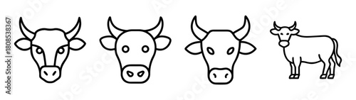 Cow head and full body line art icons set, cattle animal symbols