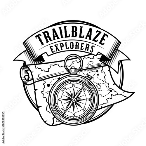 Vintage Trailblaze Explorers Emblem with Compass and Map.