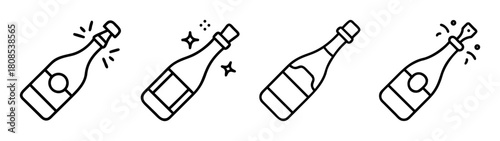 Champagne bottle line icons set for celebration and party design