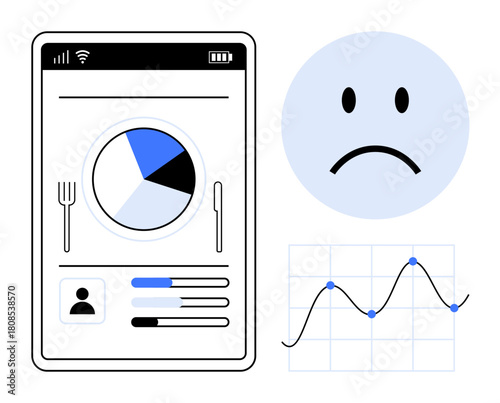 Nutrition tracking. A mobile interface for monitoring food habits with pie charts and progress bars. Nutrition with analytics and feedback. For health, diet planning, apps, wellness, fitness