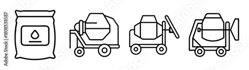 Concrete cement mixing equipment and construction material icon set