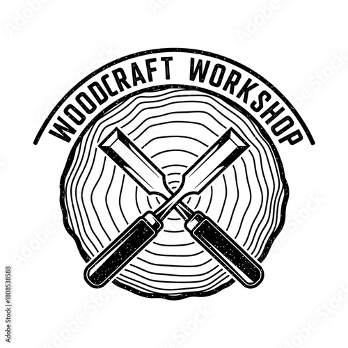 Vintage woodcraft workshop logo with crossed chisels and wood slice.