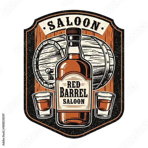 Vintage western saloon emblem with whiskey bottle and glasses.