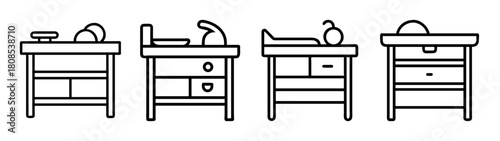 Baby changing table dresser icons set for infant care nursery