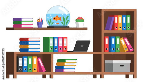 Organized wooden bookshelf with books, folders, and decor