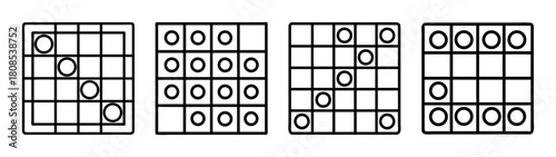 Abstract geometric grid patterns with circles and empty cells. graphic.